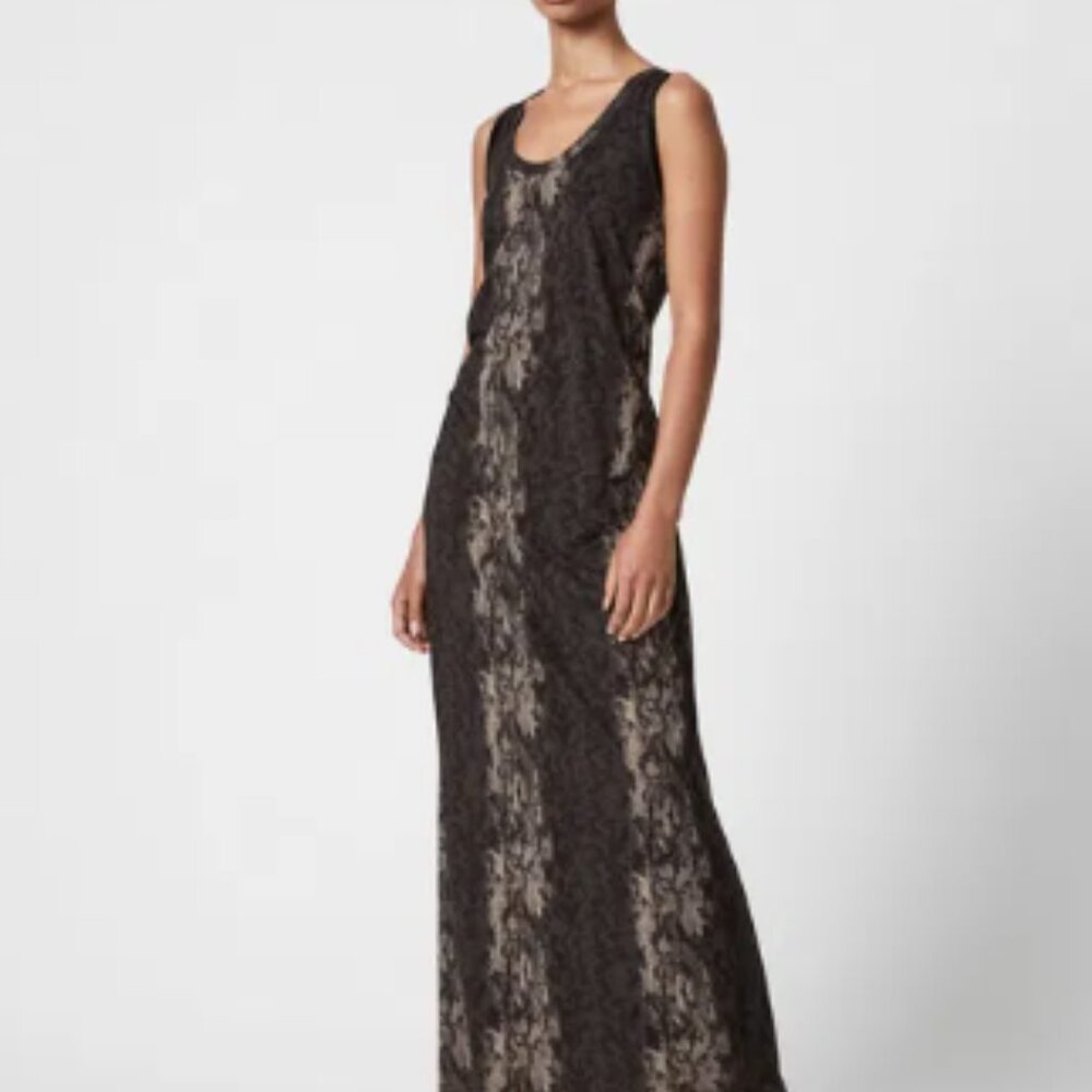 ALLSAINT SAmi Masala‎ Snake Print Dress size 2 black, gray, neutral maxi tank
